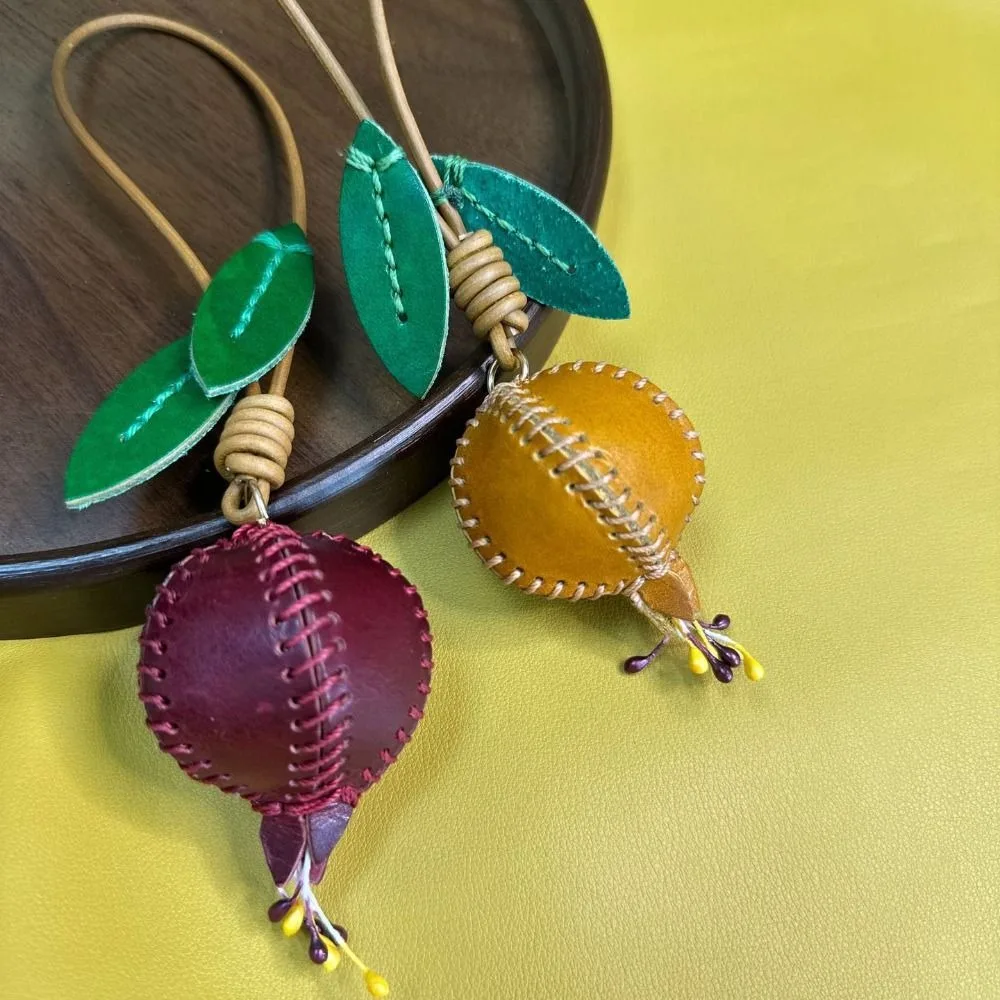 Genuine Leather Pomegranate Fruit Pendant Creative Handmade Fashion Delicate Handbag Ornament Cute Personalized Bag Accessories