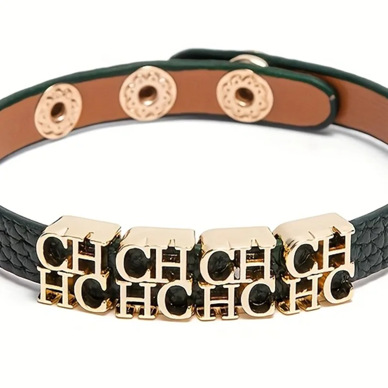 CH Fashionable Leather Bracelet with Gold Metal Letter Charms Adjustable Snap Button Closure Trendy Accessory Women