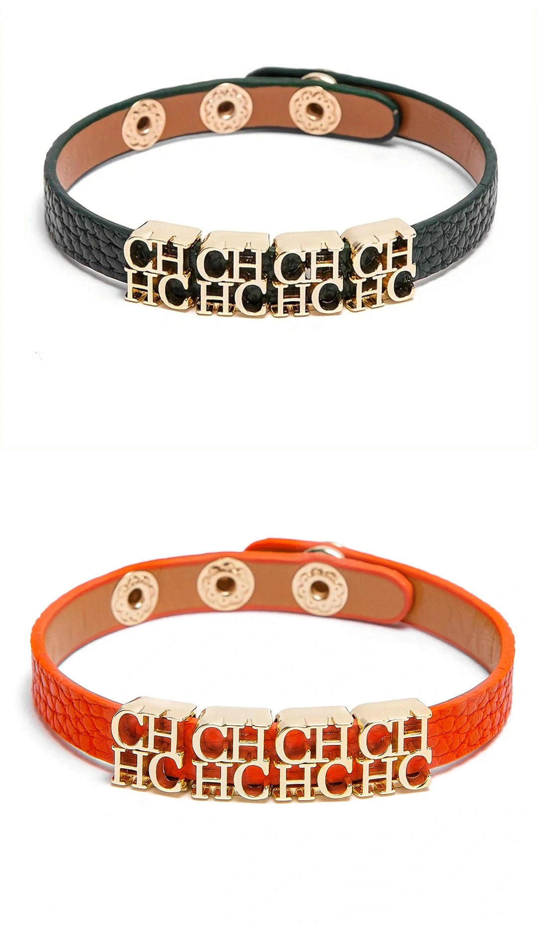 CH Fashionable Leather Bracelet with Gold Metal Letter Charms Adjustable Snap Button Closure Trendy Accessory Women