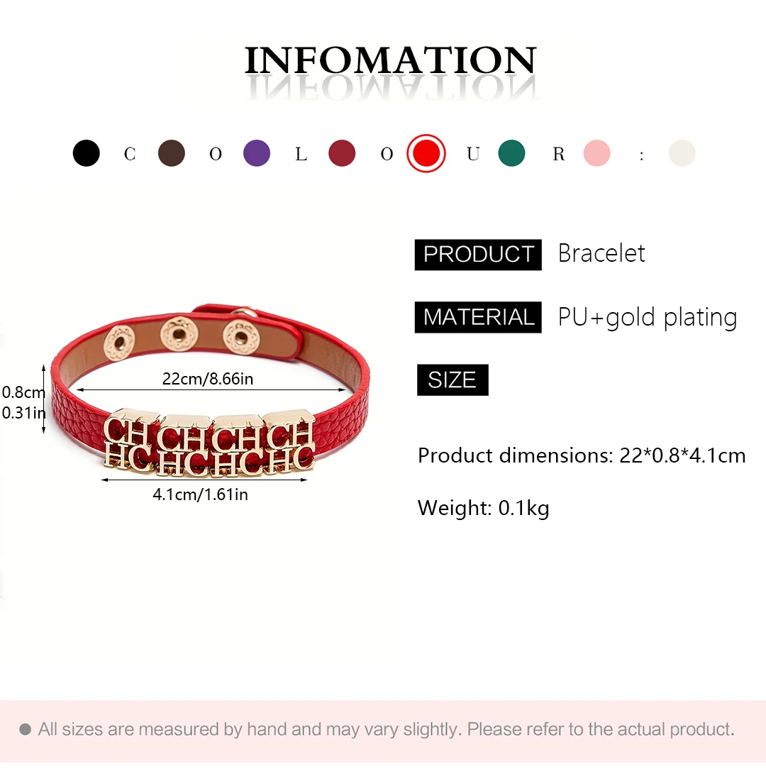 CH Fashionable Leather Bracelet with Gold Metal Letter Charms Adjustable Snap Button Closure Trendy Accessory Women