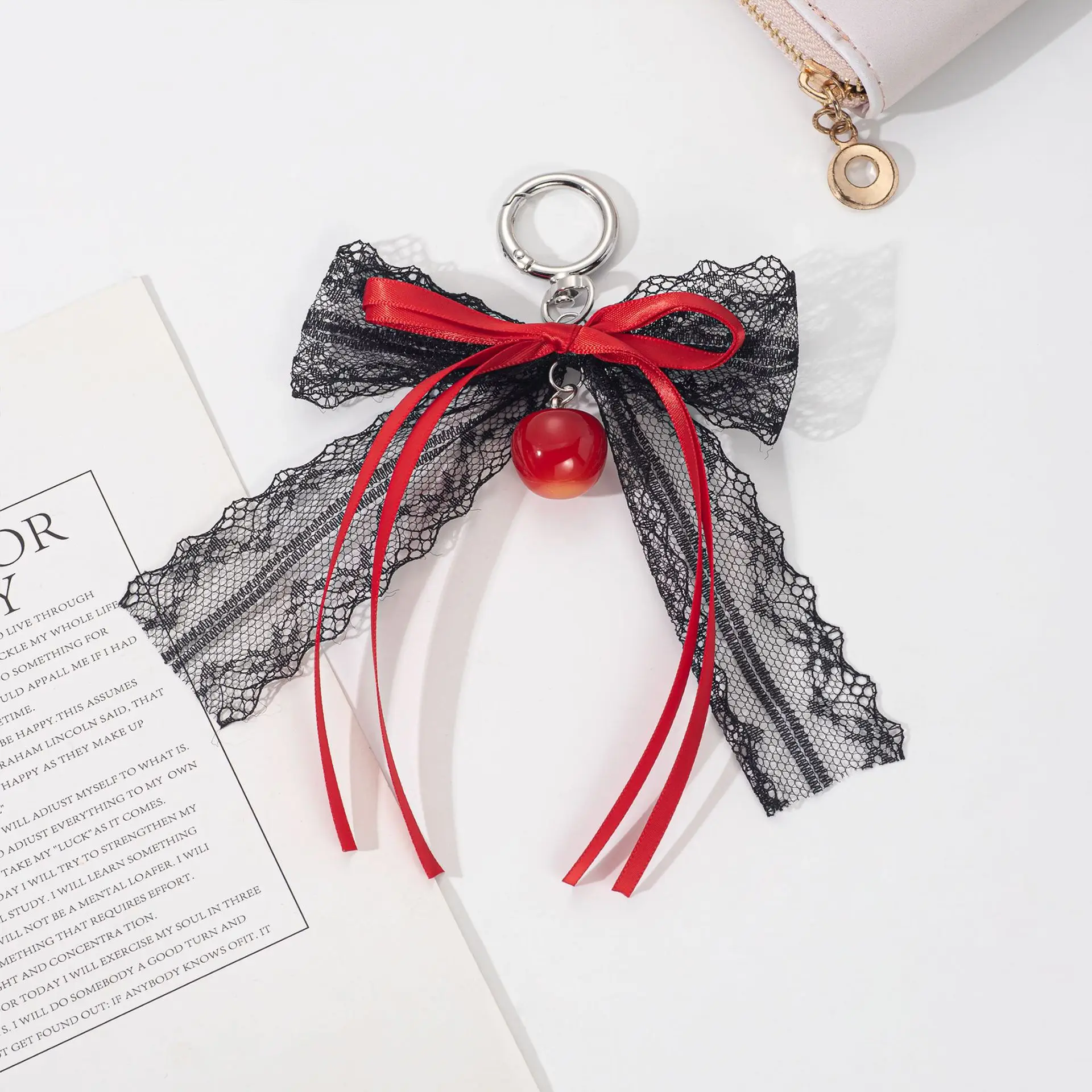 Lace bow Keychain Hollow Red Ribbon Cherry Pendant Women Handbag and Backpack Key Chain Exquisite Ornament Holiday Gift Decor