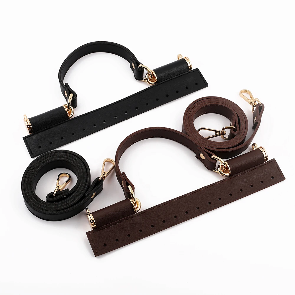1Set Leather Crochet Bag Parts With Holes Black Coffee Woven Bag Set Patchwork Handle Knitted Bag DIY Handmade Bag Accessories