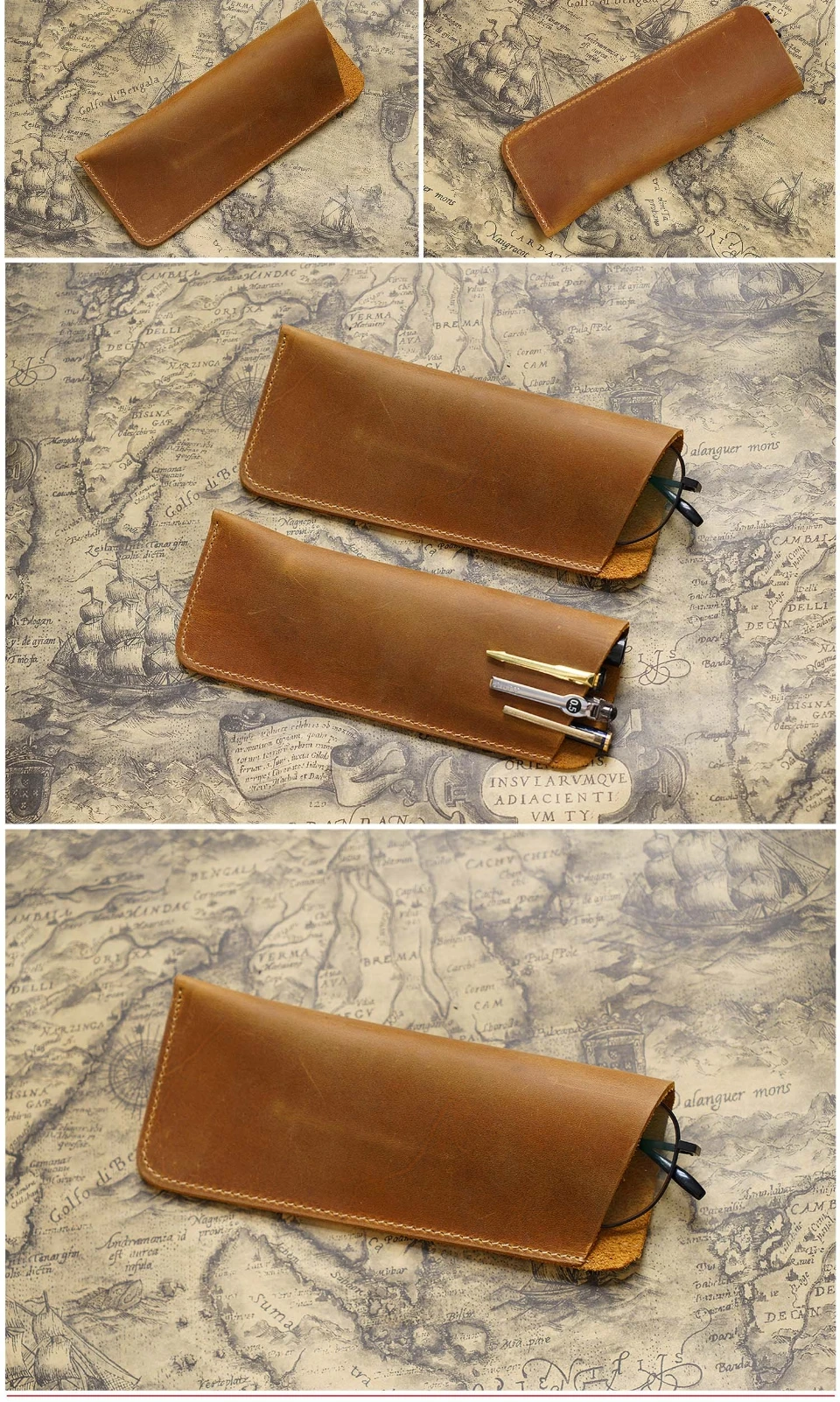 Vintage Crazy Horse Leather Pen Pouch Simple Pure Handmade Leather Small Pen Case Men's and Women's Portable Storage Glasses Pro