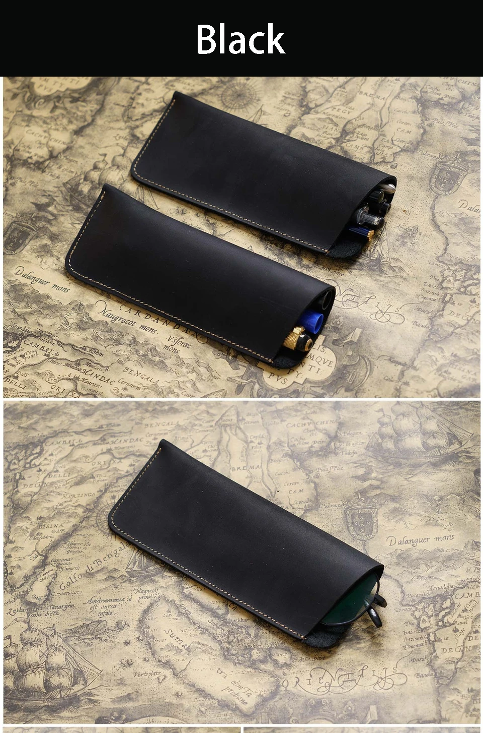 Vintage Crazy Horse Leather Pen Pouch Simple Pure Handmade Leather Small Pen Case Men's and Women's Portable Storage Glasses Pro