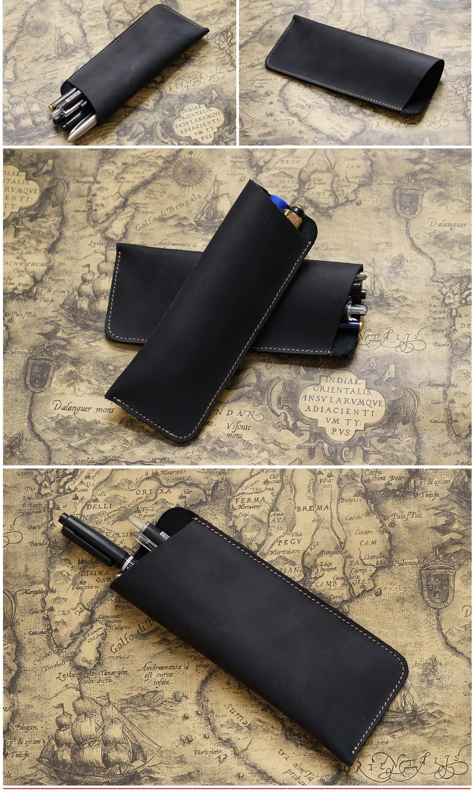Vintage Crazy Horse Leather Pen Pouch Simple Pure Handmade Leather Small Pen Case Men's and Women's Portable Storage Glasses Pro
