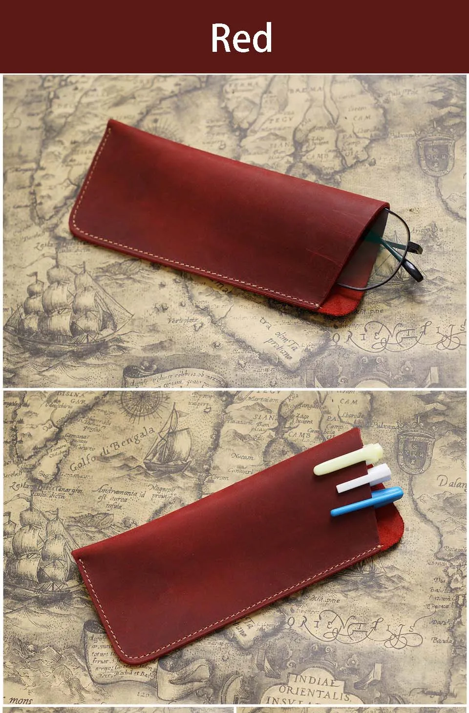 Vintage Crazy Horse Leather Pen Pouch Simple Pure Handmade Leather Small Pen Case Men's and Women's Portable Storage Glasses Pro