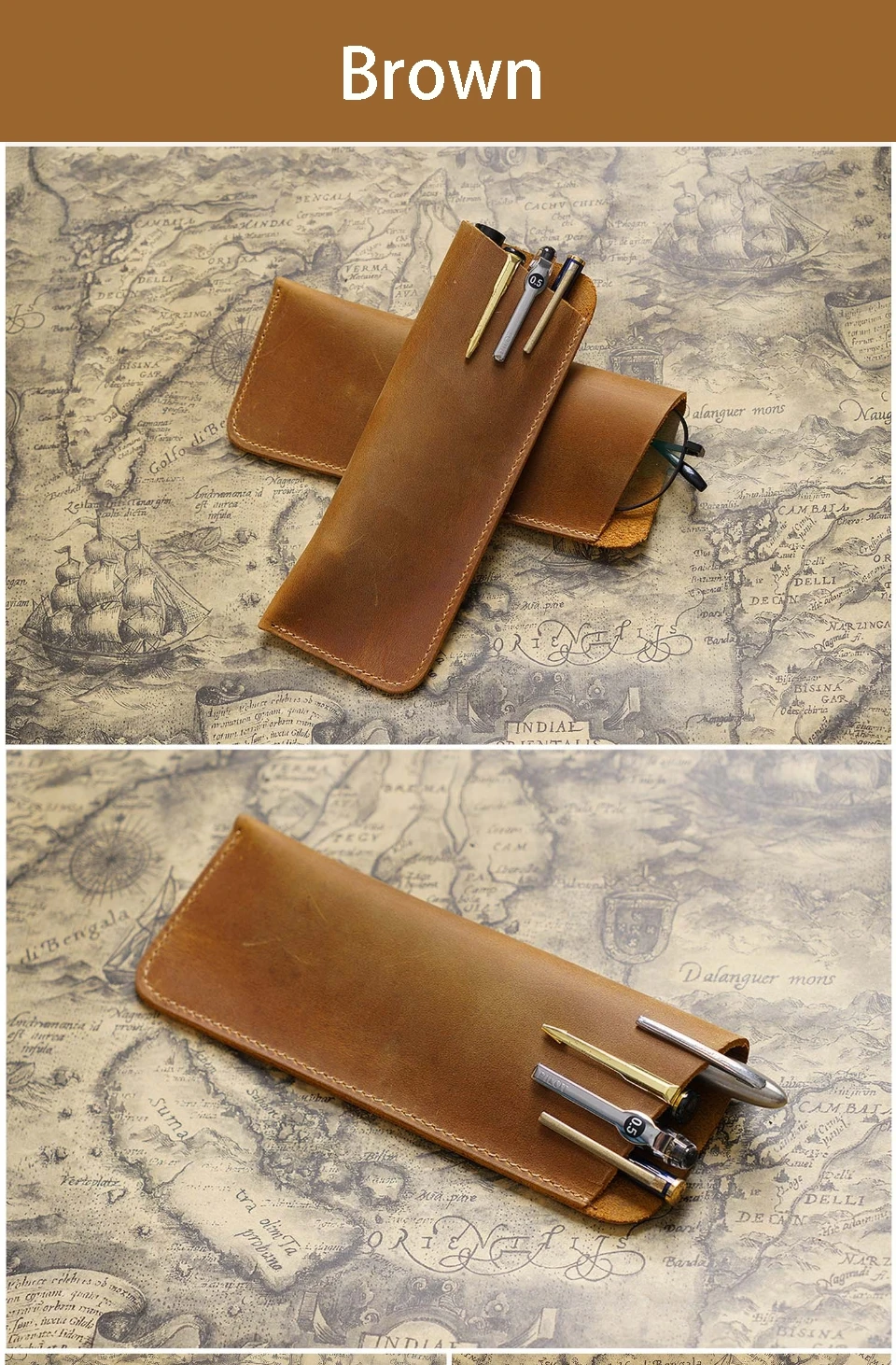 Vintage Crazy Horse Leather Pen Pouch Simple Pure Handmade Leather Small Pen Case Men's and Women's Portable Storage Glasses Pro