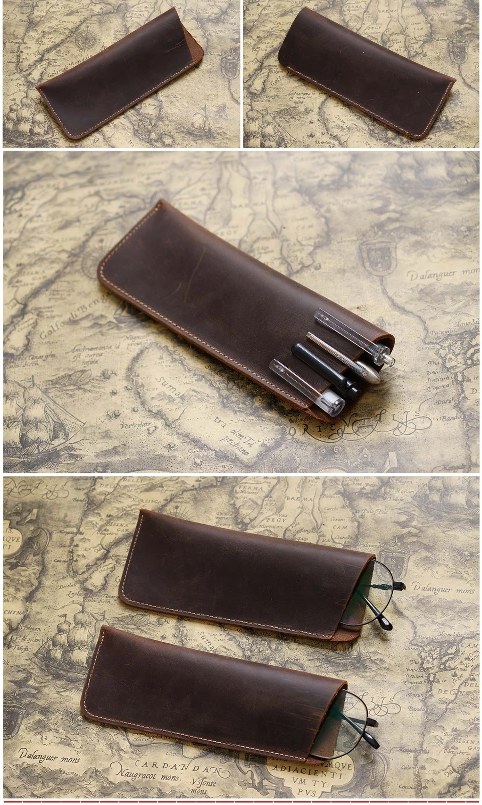 Vintage Crazy Horse Leather Pen Pouch Simple Pure Handmade Leather Small Pen Case Men's and Women's Portable Storage Glasses Pro