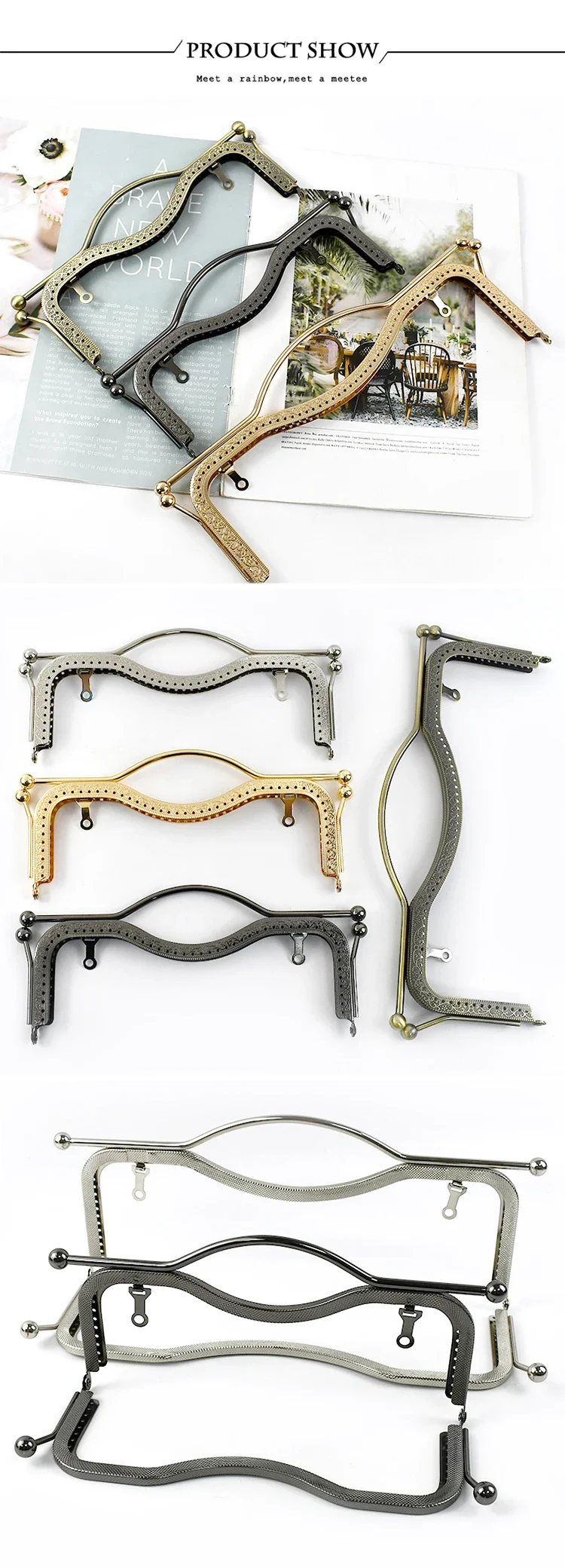 1-5Pcs Deepeel 20.5/27cm Metal Purse Kiss Clasp Lock HandBag Embossed Frame Retro Wallet Hand Pull Parts Bag Handle Accessories