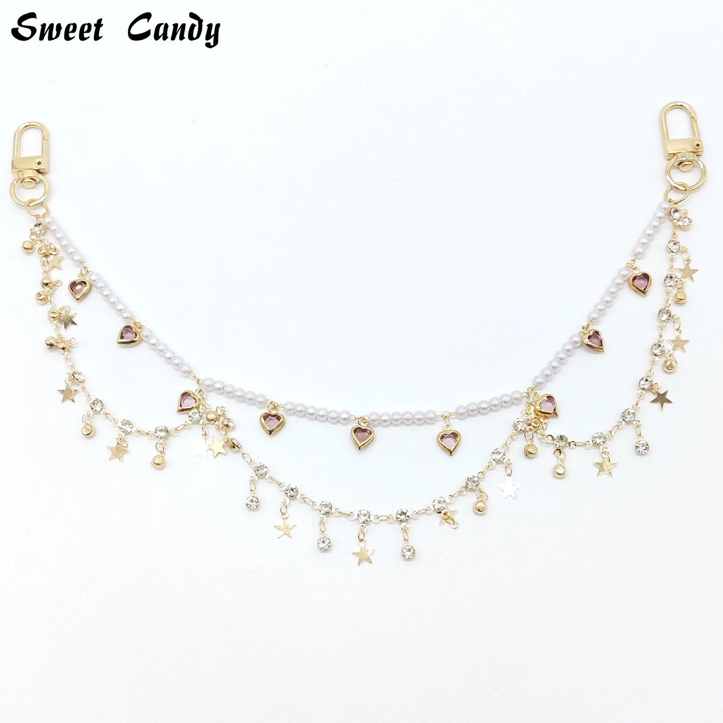 Adjustable ITA Bag Double Chain Shiny Rhinestone Star Heart Pendant Pearl, Rhinestone DIY Bag Charm Handmade Jewelry Accessories
