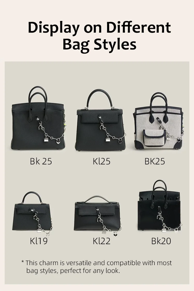 Luxury Metal Spliced Calfskin Bag Charm Silver Chain Pendant For Birkin Kelly Handbag Decor,Fashion Bag Accessory