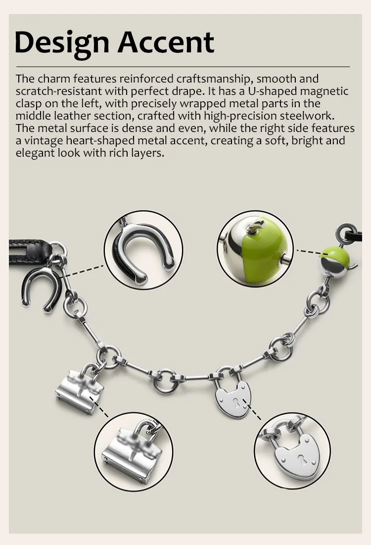 Luxury Metal Spliced Calfskin Bag Charm Silver Chain Pendant For Birkin Kelly Handbag Decor,Fashion Bag Accessory
