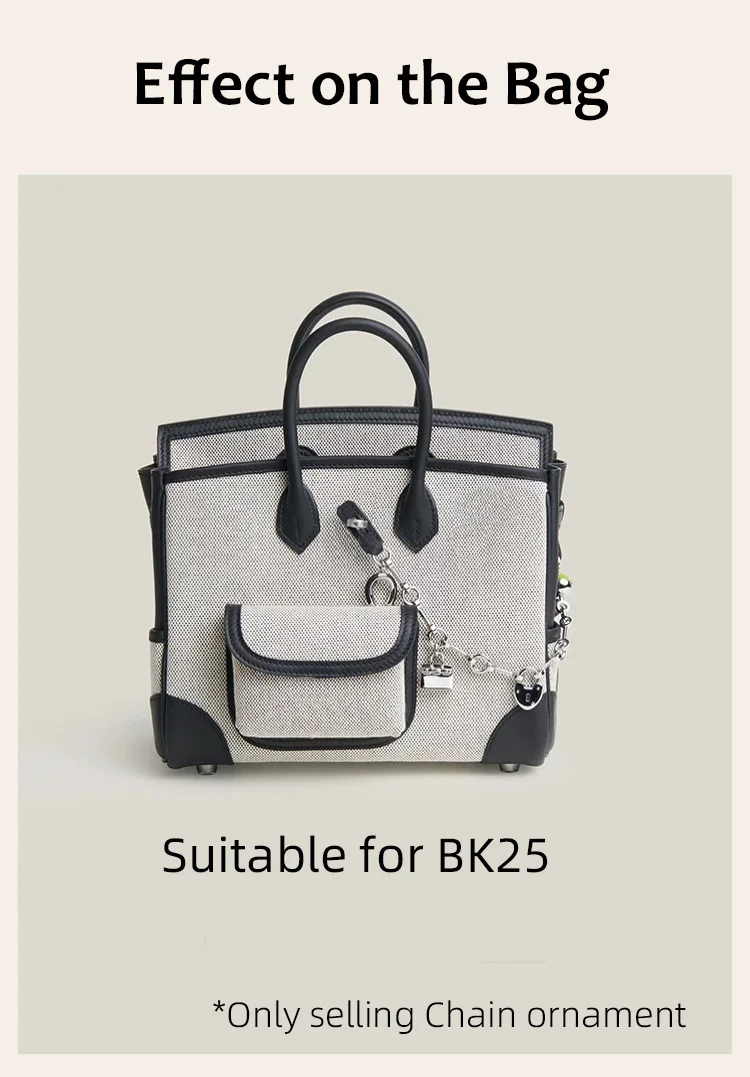 Luxury Metal Spliced Calfskin Bag Charm Silver Chain Pendant For Birkin Kelly Handbag Decor,Fashion Bag Accessory