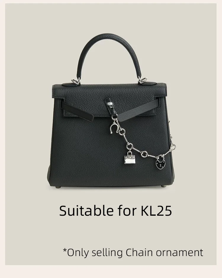 Luxury Metal Spliced Calfskin Bag Charm Silver Chain Pendant For Birkin Kelly Handbag Decor,Fashion Bag Accessory