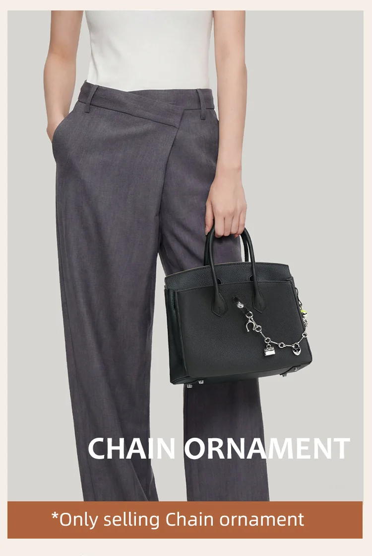 Luxury Metal Spliced Calfskin Bag Charm Silver Chain Pendant For Birkin Kelly Handbag Decor,Fashion Bag Accessory