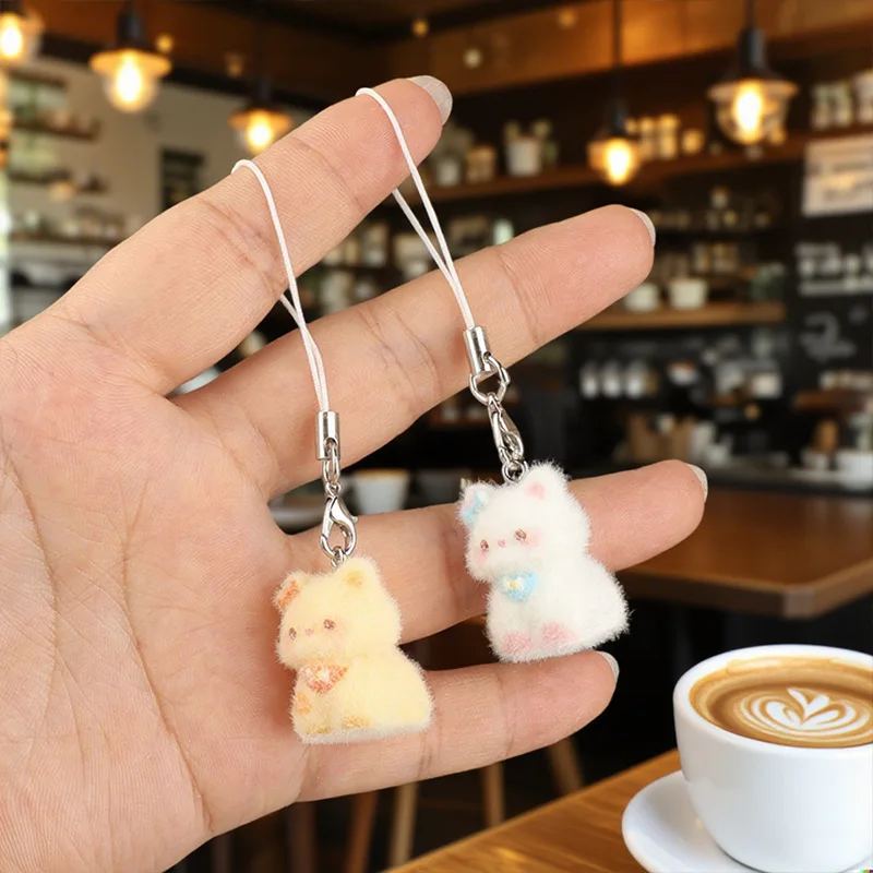 Cute Plush Flocked 3D Resin Cat Keychain Bag Accessory Phone Strap Gift