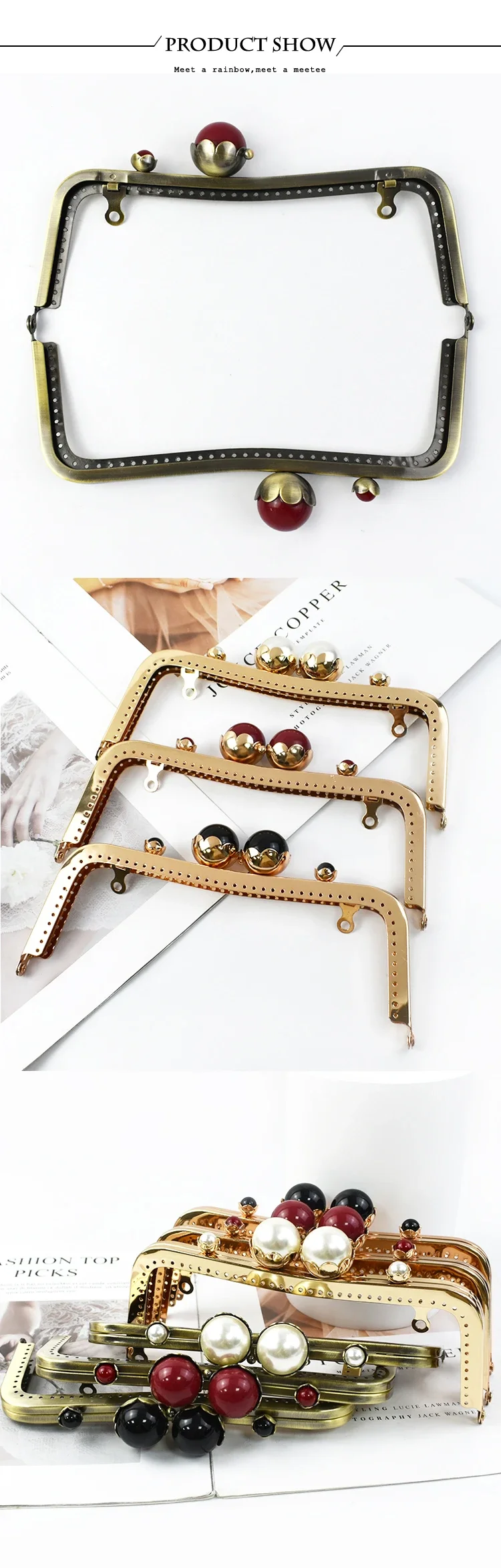 1Pc 20cm Metal Pearl Head Handle Handbag Retro Kiss Clasp Lock Buckle Purse Frame Brackets Bag Handles Replacement Accessories