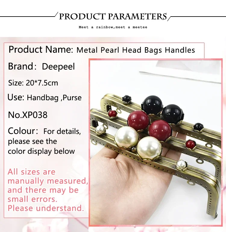 1Pc 20cm Metal Pearl Head Handle Handbag Retro Kiss Clasp Lock Buckle Purse Frame Brackets Bag Handles Replacement Accessories