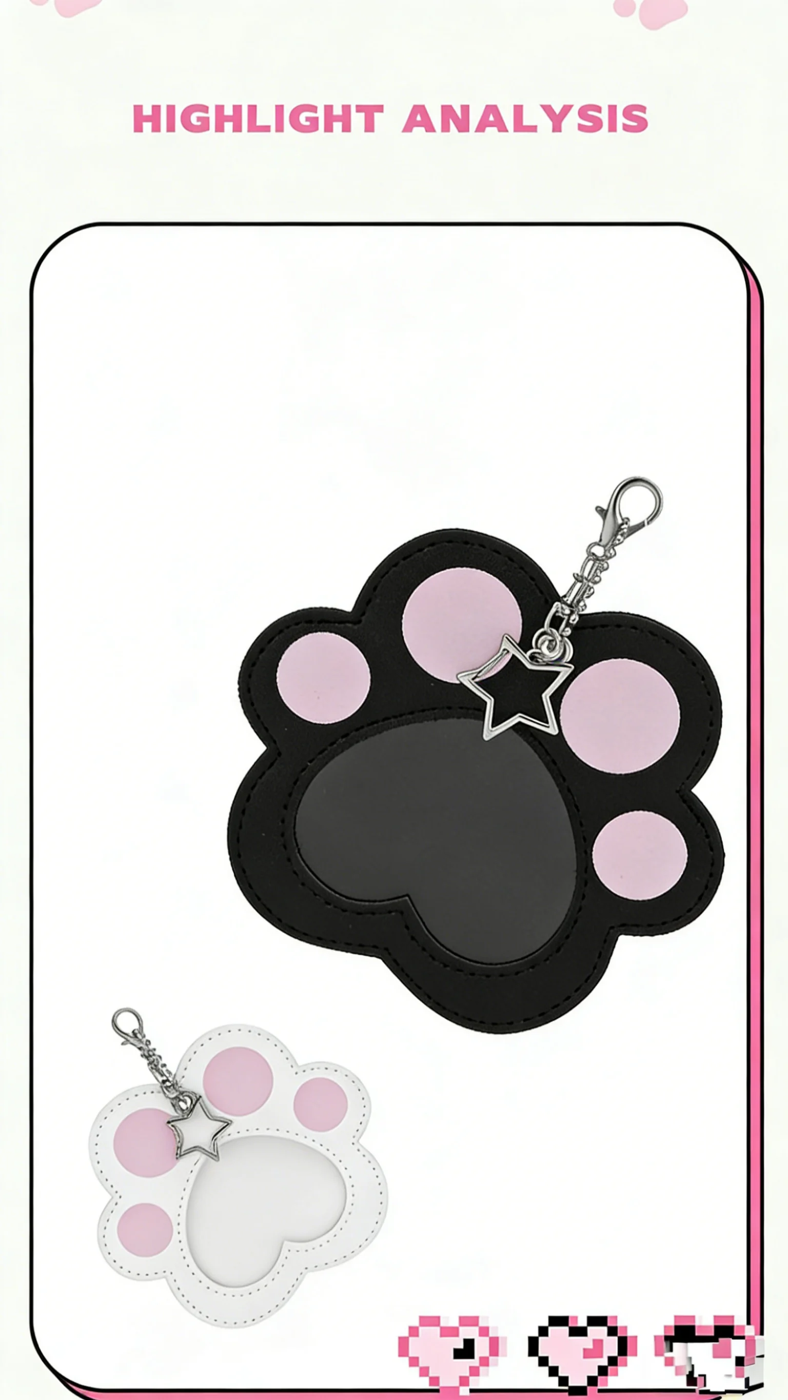 ITA Bag Decoration 58mm Cat Paw Badge Bag with Leather Heart-Shaped Display Case, Waterproof with Clear Window