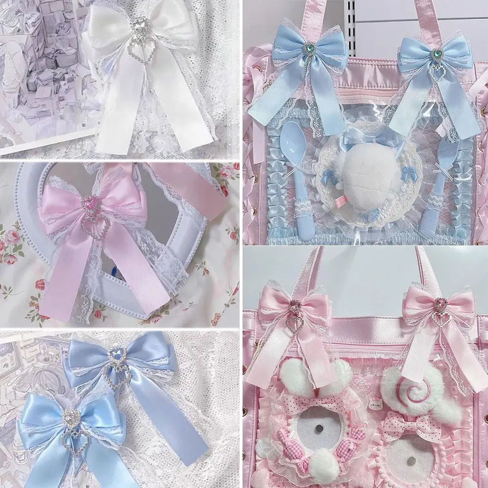 Sweet Ribbon Bow Heart Diamond Clip Ribbon Lace Bowknot Clip For Ita Bag Girls Lolita Backpack Decoration Bags Accessories