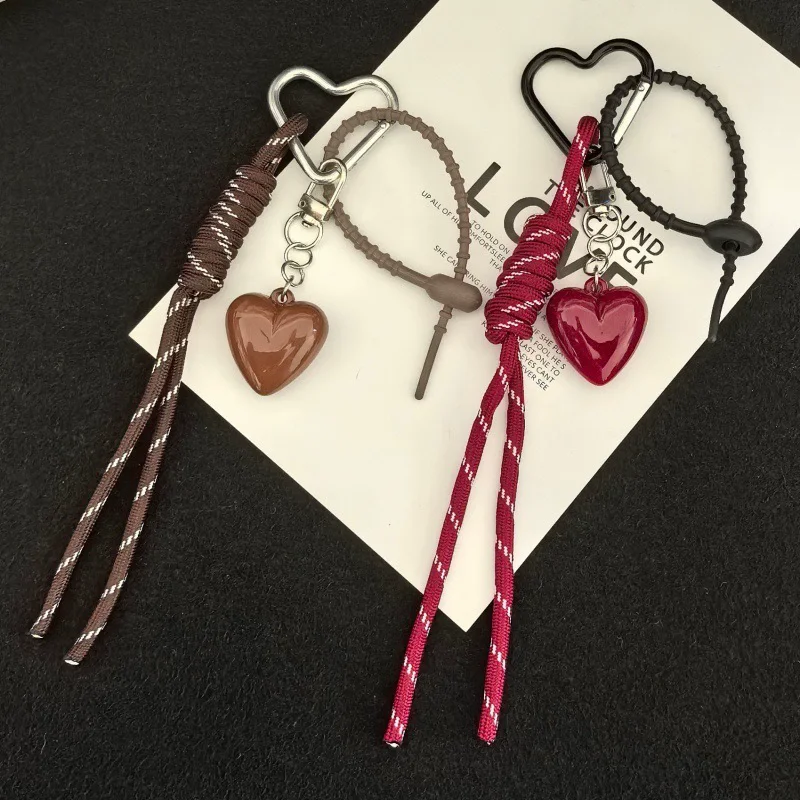 Fashion Retro Heart Bag Pendant Colorful Braided Rope Keychain Mobile Phone Lanyard Backpack Decor Accessory Creative Jewelry