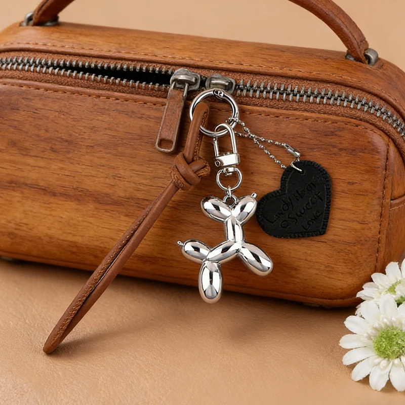 Cute Balloon Dog Pendant Keychain Woven Rope Design Bag Charm Heart Shape Hanging Piece Chic Accessories Gift