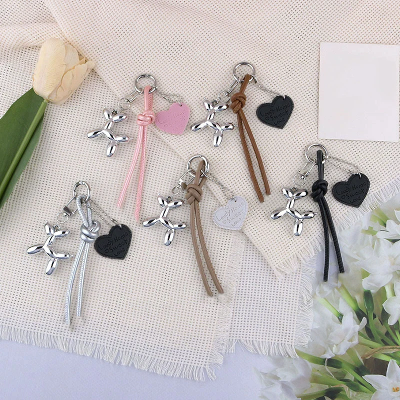 Cute Balloon Dog Pendant Keychain Woven Rope Design Bag Charm Heart Shape Hanging Piece Chic Accessories Gift