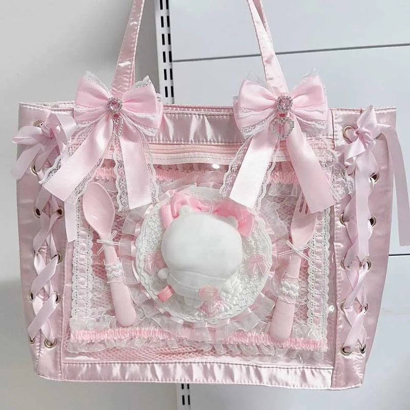 1Pc Ribbon Lace Bow Clip For Ita Bag Sweet Ribbon Bowknot Heart Diamond Clip Girls Lolita Backpack Decoration Bags Accessories