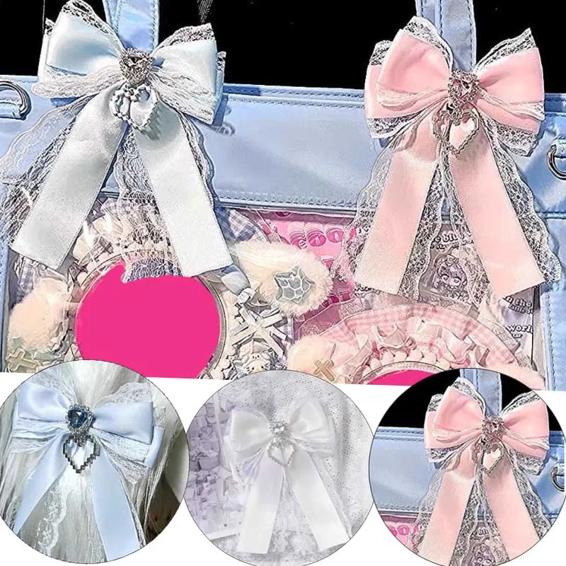 1Pc Ribbon Lace Bow Clip For Ita Bag Sweet Ribbon Bowknot Heart Diamond Clip Girls Lolita Backpack Decoration Bags Accessories