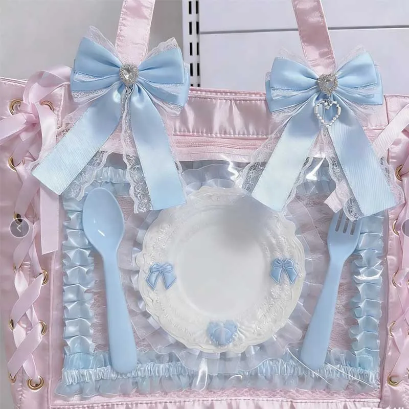 1Pc Ribbon Lace Bow Clip For Ita Bag Sweet Ribbon Bowknot Heart Diamond Clip Girls Lolita Backpack Decoration Bags Accessories