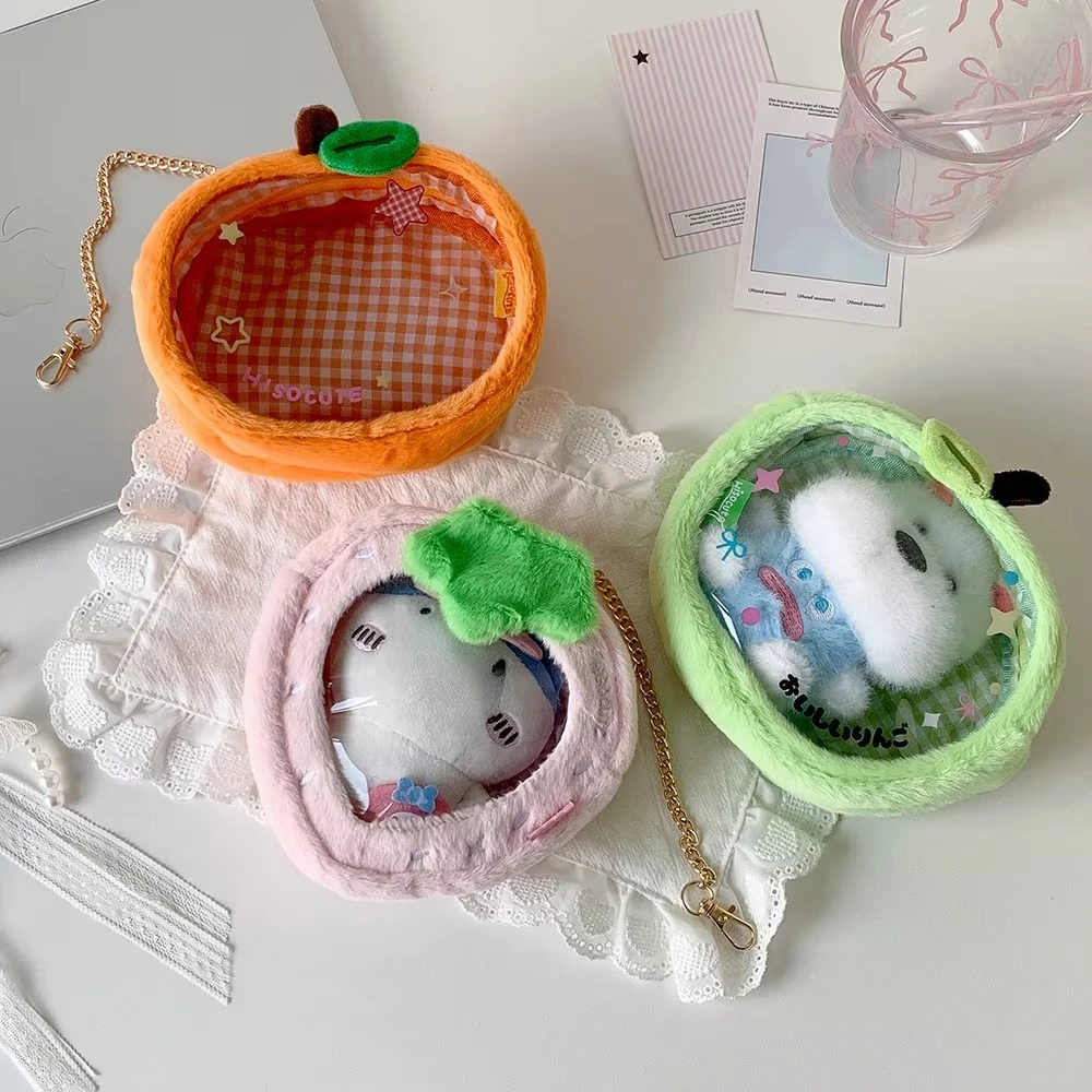Kawaii Cartoon Strawberry Plush Transparent Bag Pendant Cute Green Apple Decoration Storage Doll Bag Figure DisplayBag Girl Gift