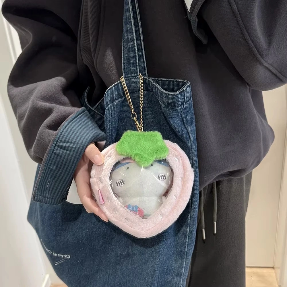 Kawaii Cartoon Strawberry Plush Transparent Bag Pendant Cute Green Apple Decoration Storage Doll Bag Figure DisplayBag Girl Gift