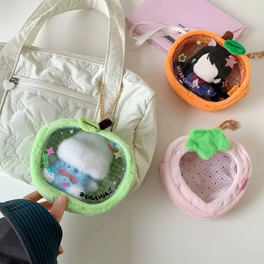 Kawaii Cartoon Strawberry Plush Transparent Bag Pendant Cute Green Apple Decoration Storage Doll Bag Figure DisplayBag Girl Gift