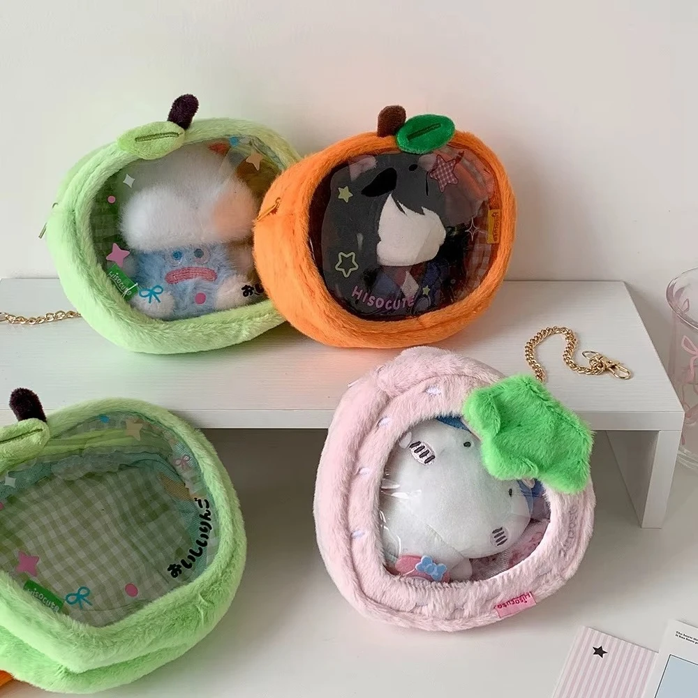 Kawaii Cartoon Strawberry Plush Transparent Bag Pendant Cute Green Apple Decoration Storage Doll Bag Figure DisplayBag Girl Gift