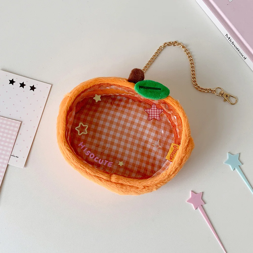 Kawaii Cartoon Strawberry Plush Transparent Bag Pendant Cute Green Apple Decoration Storage Doll Bag Figure DisplayBag Girl Gift