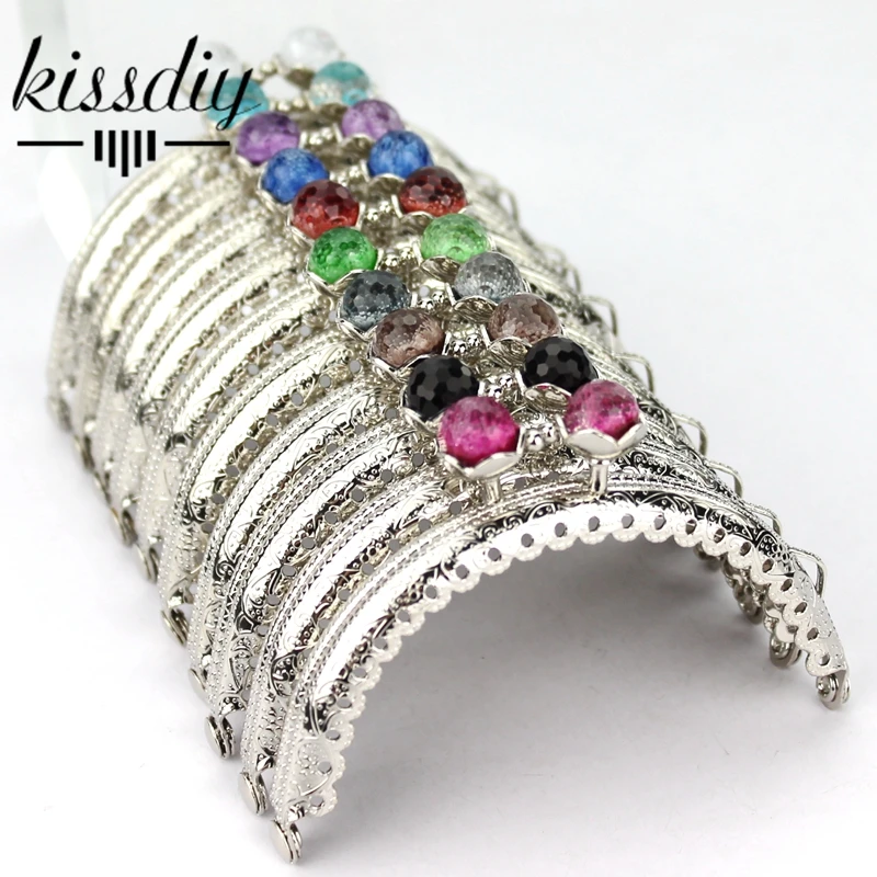 KISSDIY 10PCS 8.5cm Colorful Crystal Bead Metal Purse Frame Semicircle Silver Lace Coin Kiss Purse Clasp Lock