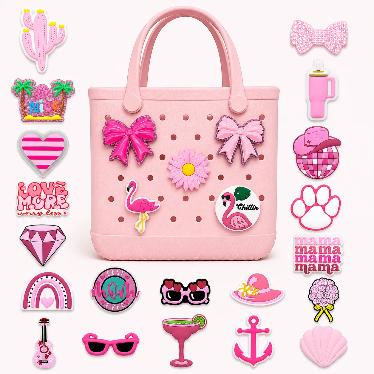 1/25pcs Pink Glam & Beach Theme Bag Charms Set DIY Decorative Pins Flamingo Bow Heart Tote Accessories for Women Handbag Decor