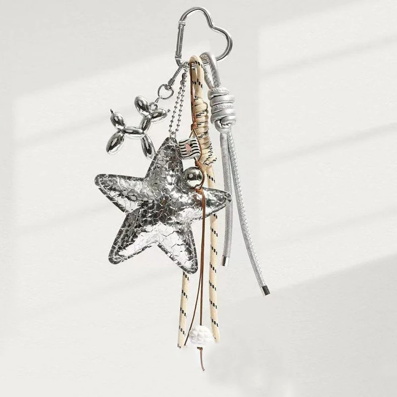 Fashion Starfish Keychain with Cute Balloon Dog Leather Charm Maximalist Braided Rope Bag Ornaments Women's Accessory