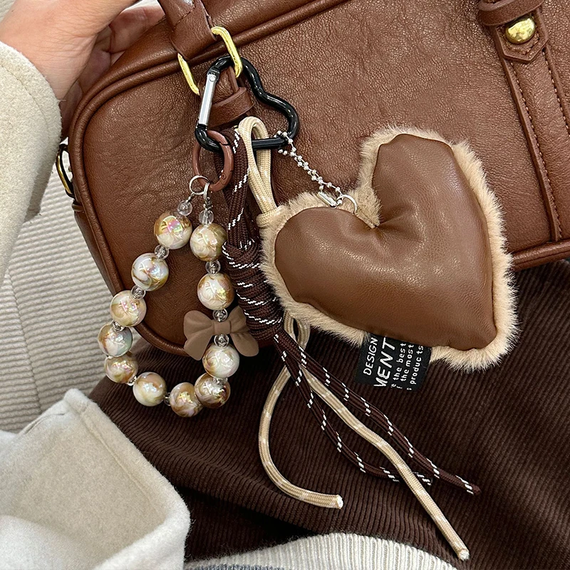 Fashion Fluffy Heart Keychain Braided Rope Bag Pendant Keyring Pendant Simple All-matching Bag Decoration Accessories