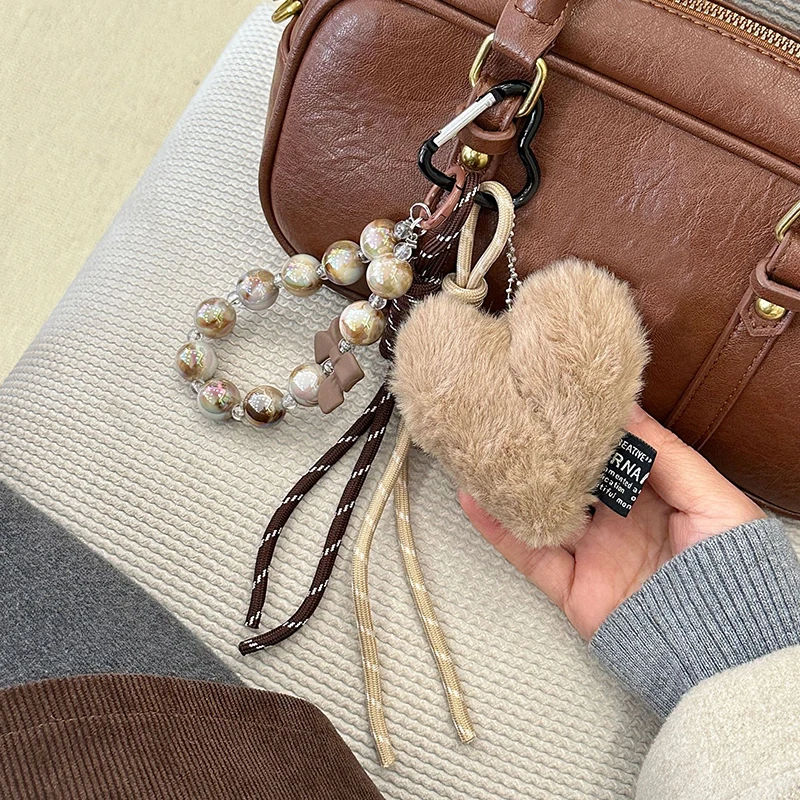 Fashion Fluffy Heart Keychain Braided Rope Bag Pendant Keyring Pendant Simple All-matching Bag Decoration Accessories