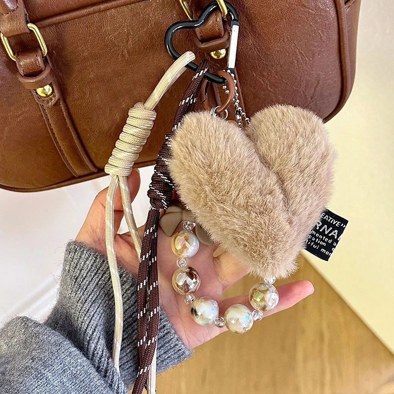 Fashion Fluffy Heart Keychain Braided Rope Bag Pendant Keyring Pendant Simple All-matching Bag Decoration Accessories