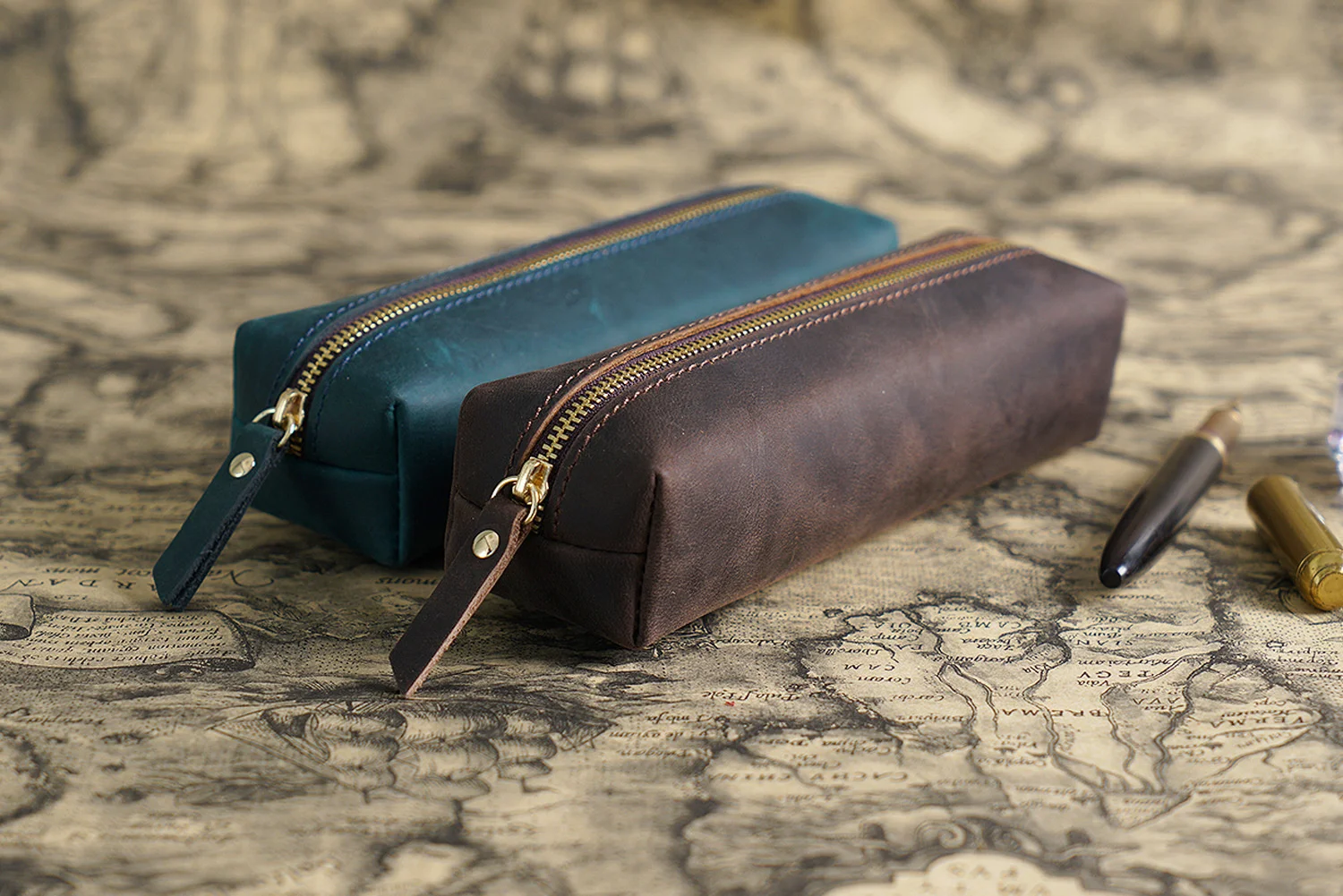 AIGUONIU Vintage Leather Pencil Bag Simple Stationery Hoder Pen Case Storage Bag Zipper Pencil Pouch Glasses Box School Supplies
