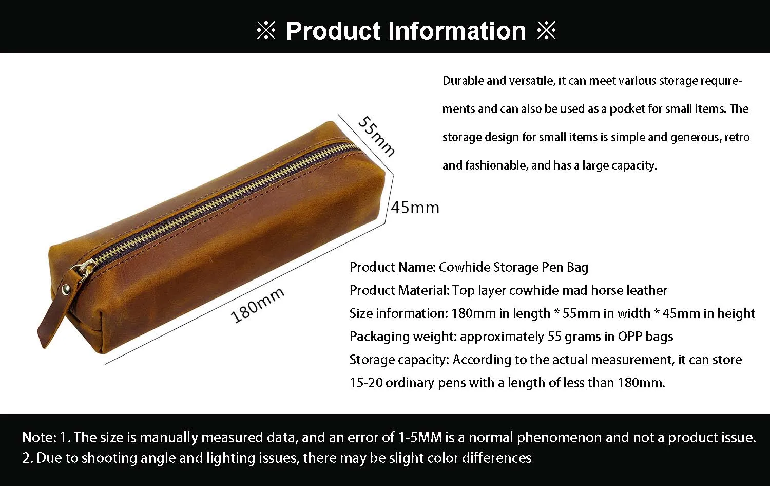 AIGUONIU Vintage Leather Pencil Bag Simple Stationery Hoder Pen Case Storage Bag Zipper Pencil Pouch Glasses Box School Supplies