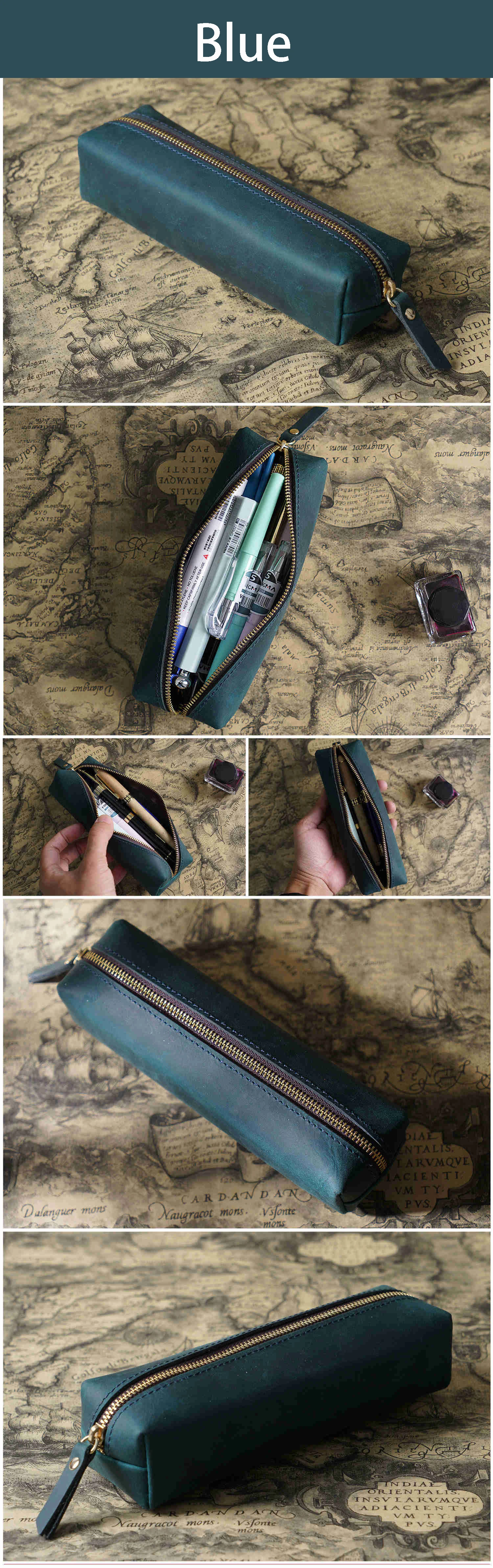 AIGUONIU Vintage Leather Pencil Bag Simple Stationery Hoder Pen Case Storage Bag Zipper Pencil Pouch Glasses Box School Supplies