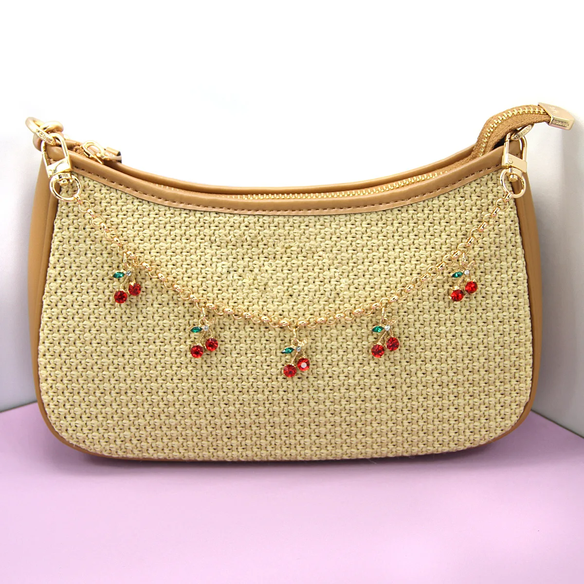 Fashion temperament glass stone red cherry chain jewelry bag hanging jewelry bag charm bag accessories