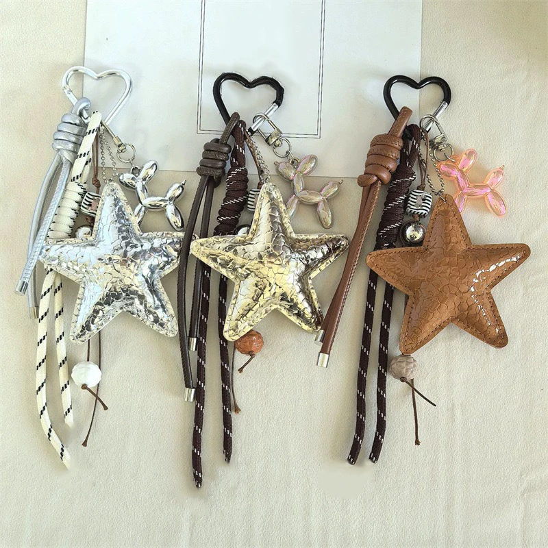Fashion Starfish Keychain Cute Balloon Dog Leather Charm Women Maximalist Bag Ornaments Accessories Braided Rope Keyring