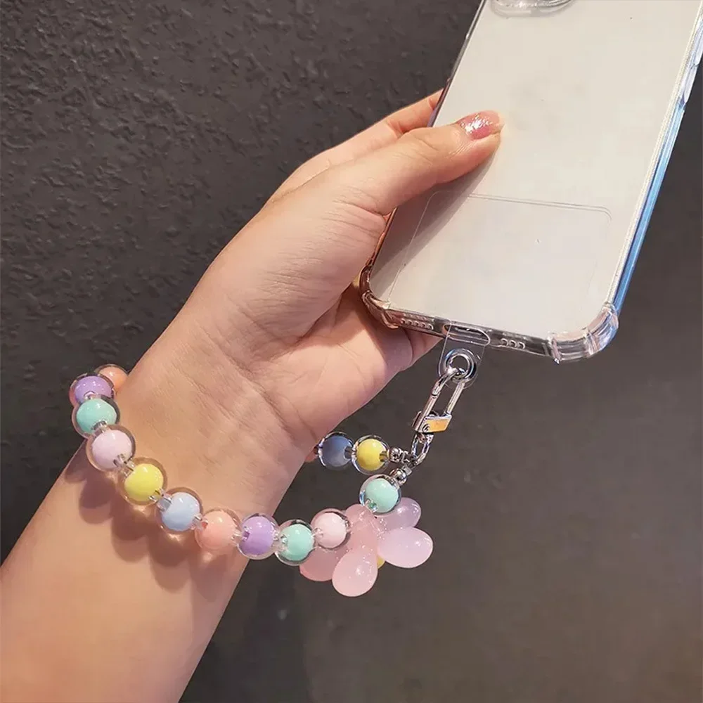 Phone Anti-lost Lanyard Key Short Wrist Pendant Colorful Macaron Round Bead Pendant Women's Hand-held Chain Mobile Phone Lanyard