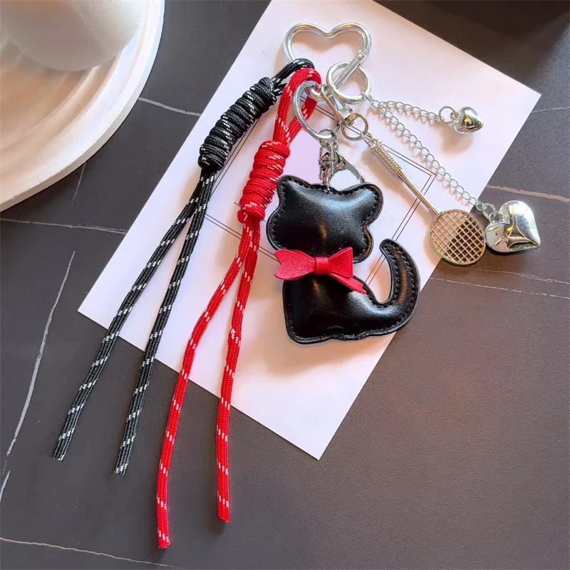 Cute Leather Cat Keychain Bag Tassel Love Heart Badminton Racket Pendant Bag Charms Bag Package Decor Women