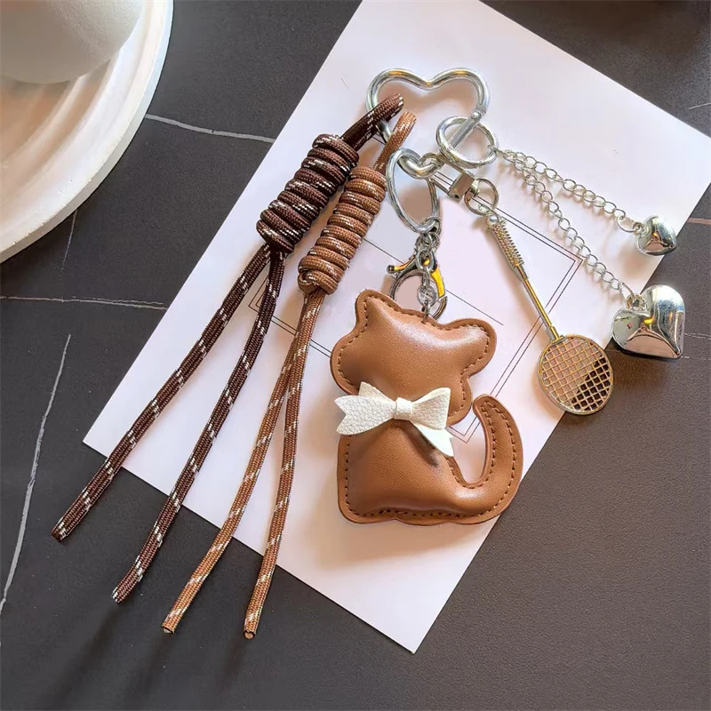 Cute Leather Cat Keychain Bag Tassel Love Heart Badminton Racket Pendant Bag Charms Bag Package Decor Women