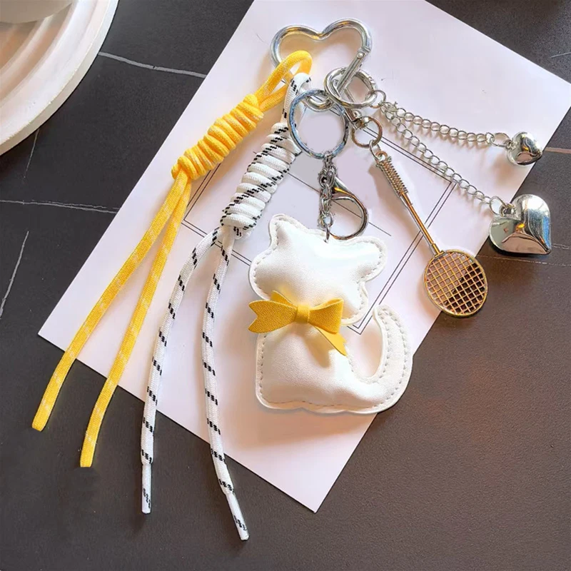 Cute Leather Cat Keychain Bag Tassel Love Heart Badminton Racket Pendant Bag Charms Bag Package Decor Women